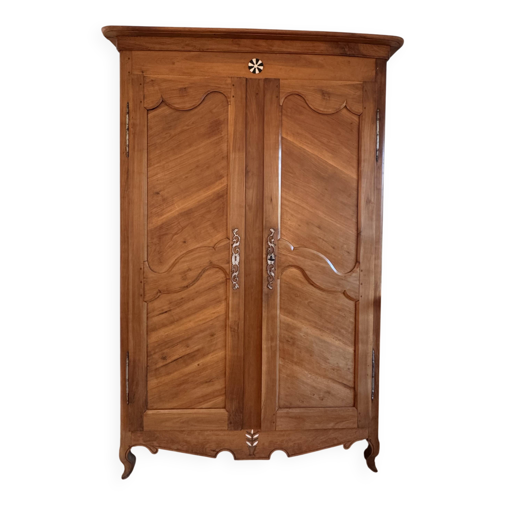 Antique 2-door wardrobe made of solid wood with shelves and drawers.