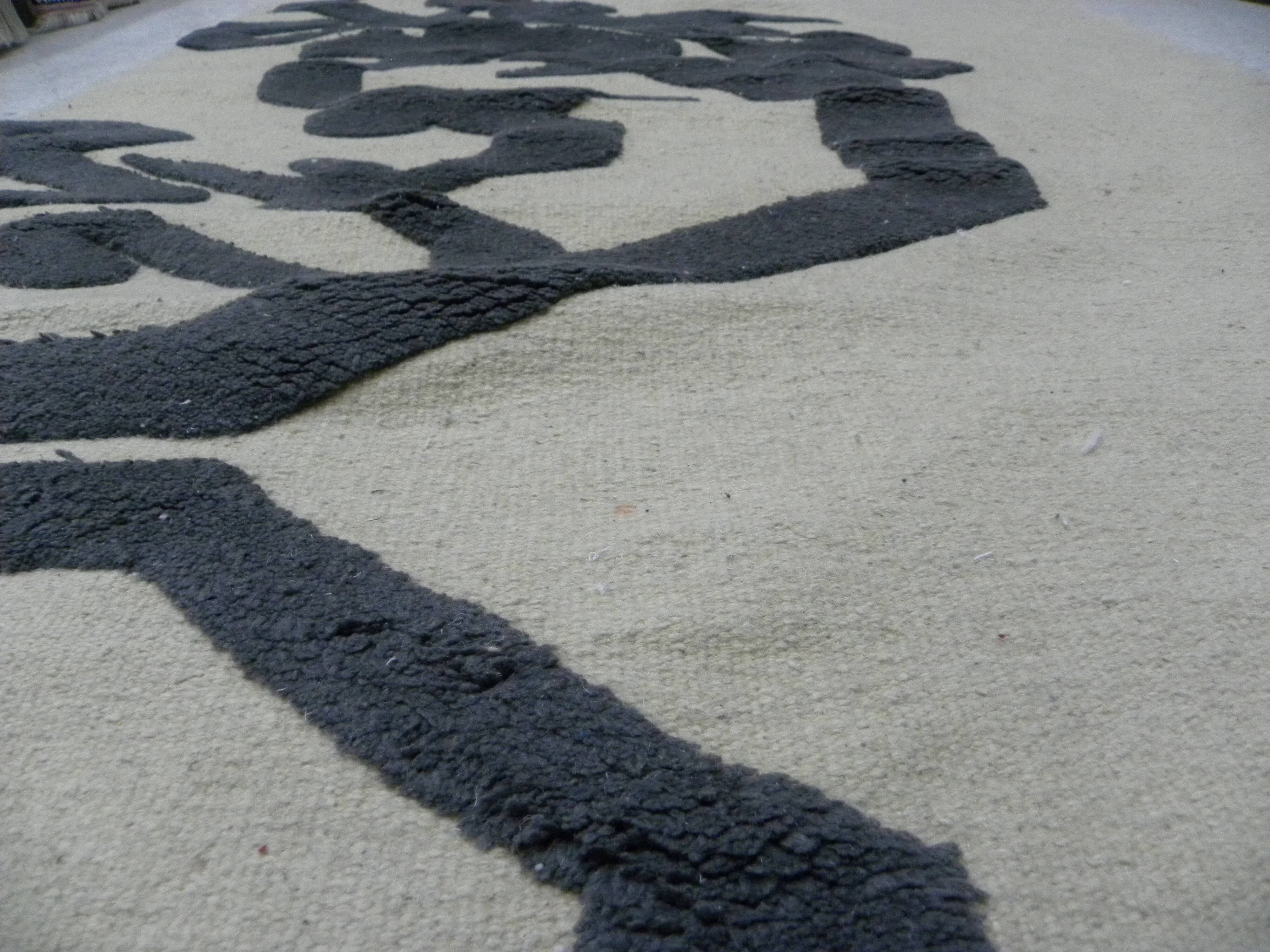 Contemporary Artistic Handmade Rug in Beige with Black Calligraphic Pattern