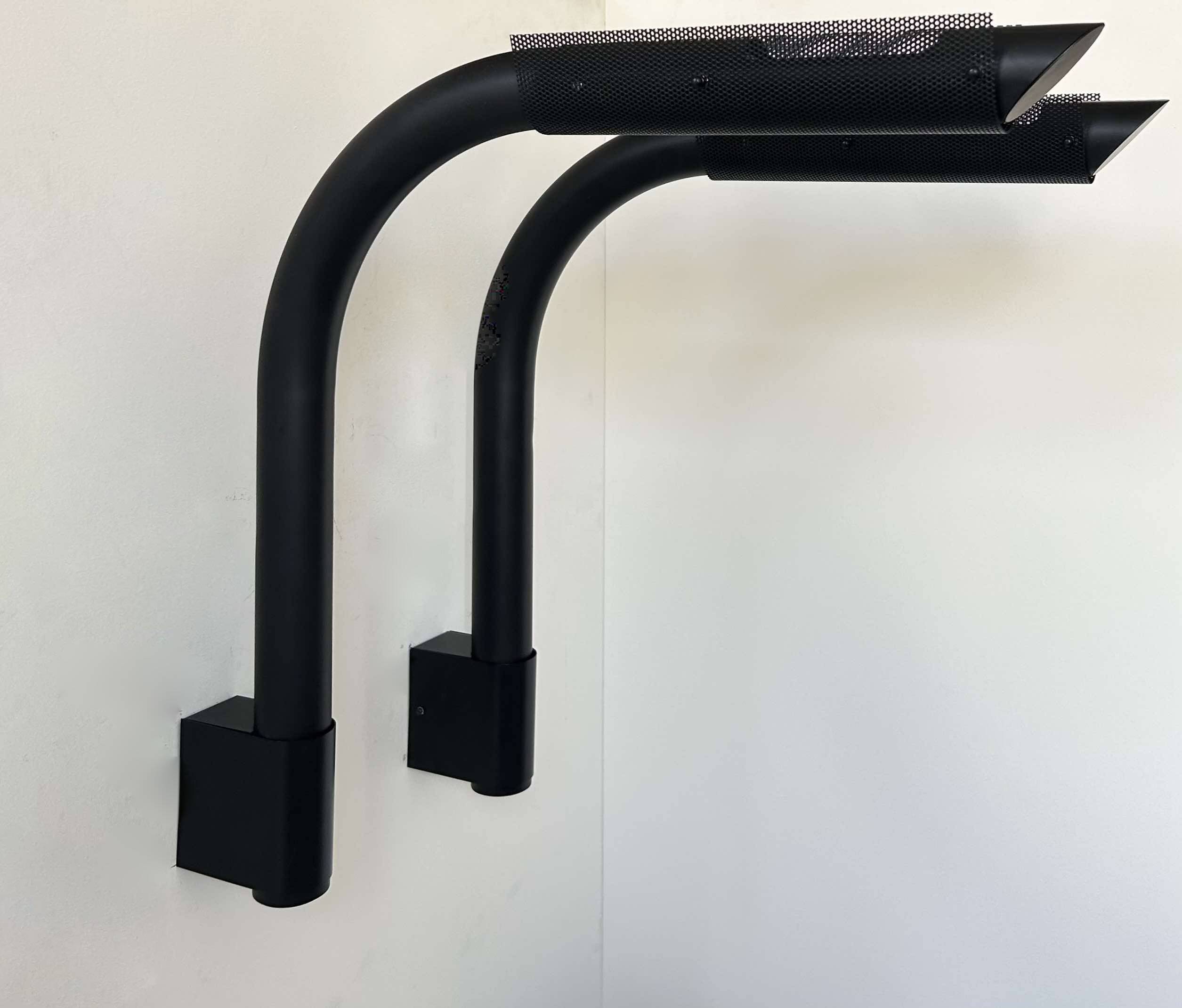 Pair of vintage wall lights, tubular and perforated black metal, Parscot France 1980