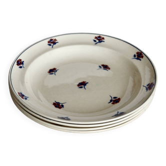 4 vintage Moulin des Loups soup plates - Ivory earthenware with floral decoration