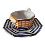 HB Quimper octagonal butter dish, hand-painted graphic design.