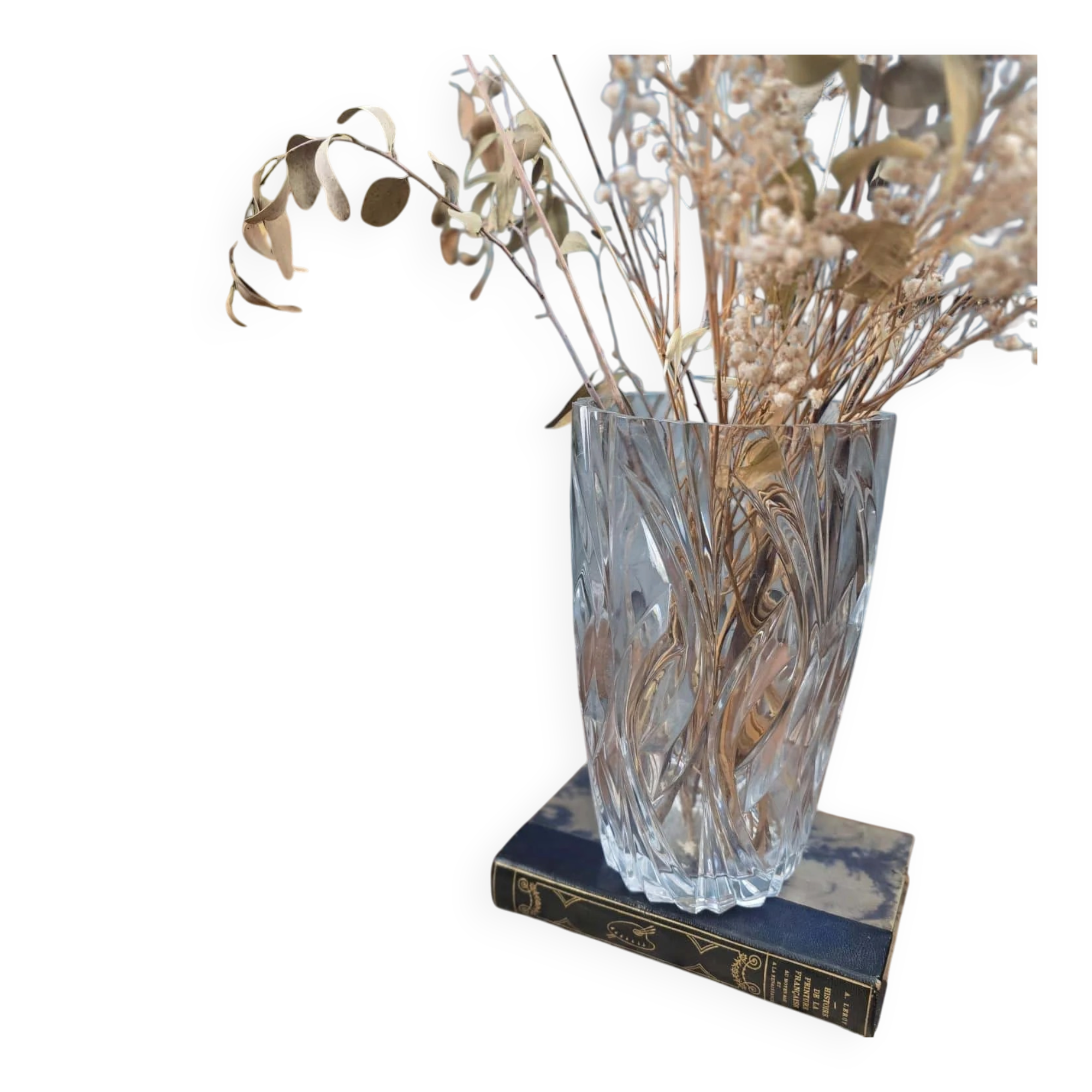 Grand vase vintage en verre moulé transparent