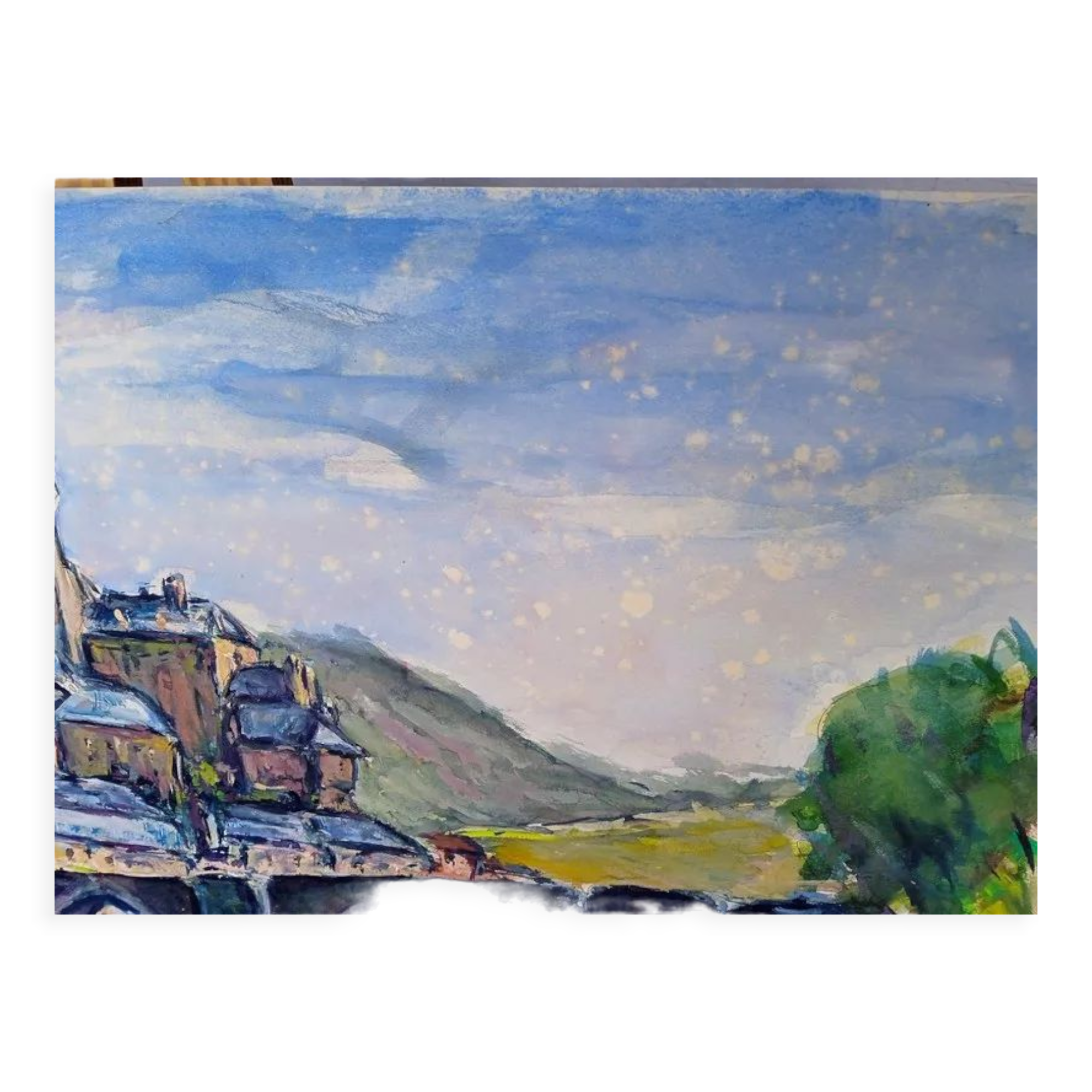 Landscape village old gouache bridge / paper 65/50cm