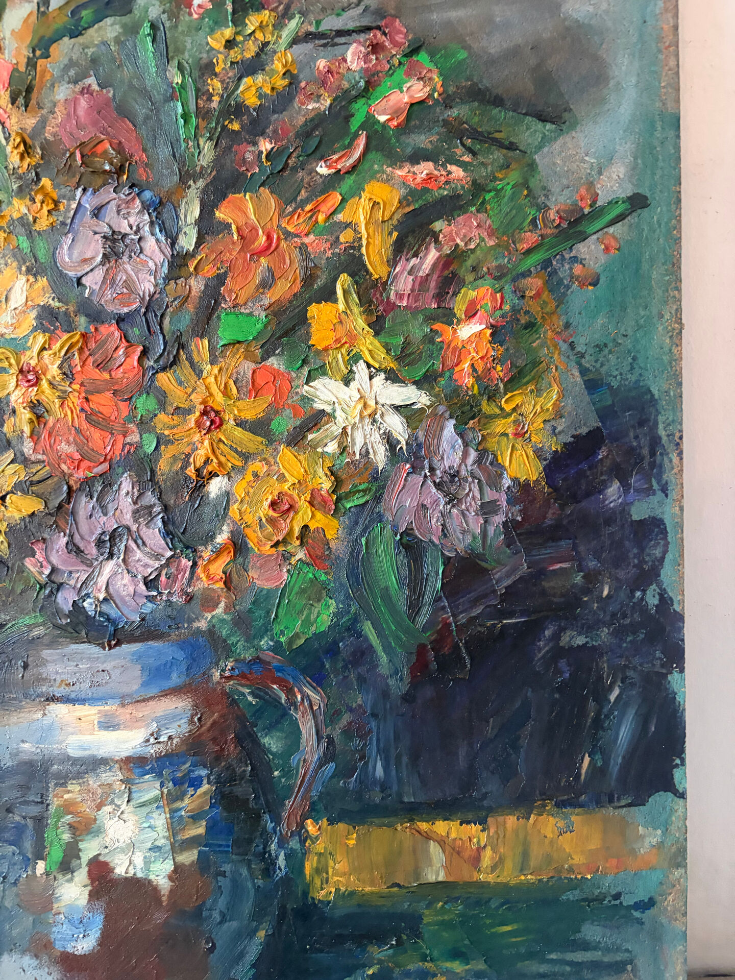 Still life, bouquet, oil with a knife on panel, signed.
