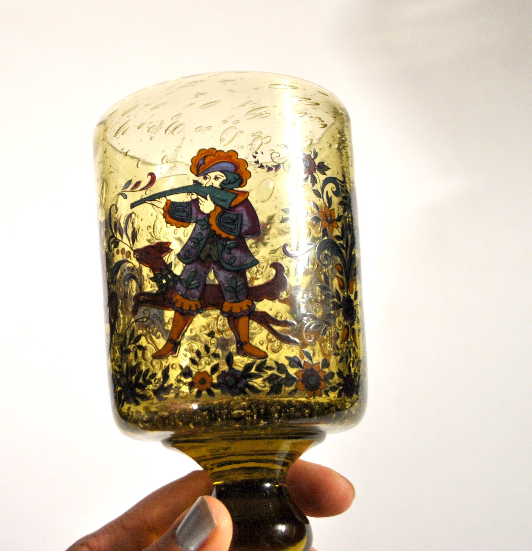 Roemer glass in bubble glass, enamelled, hunter Alfred TAUBE VOHENSTRAUSS Germany