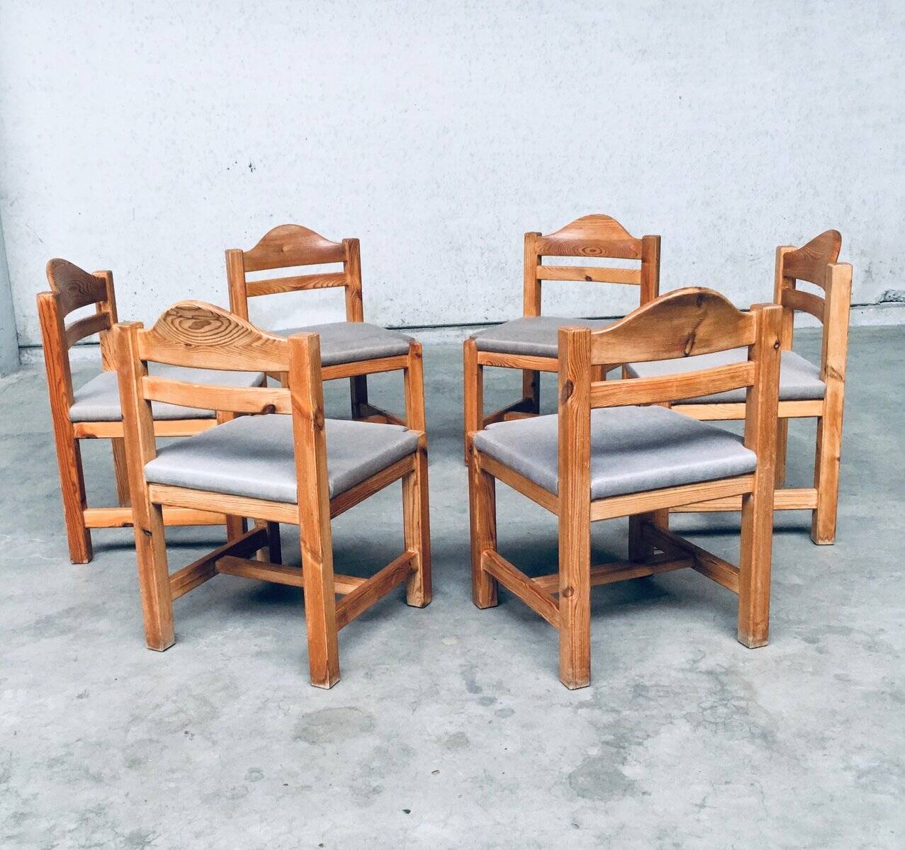 Brutalist Square Model Pine Dining Chairs, 1970s, Set of 6