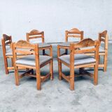 Brutalist Square Model Pine Dining Chairs, 1970s, Set of 6