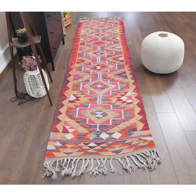 1970s Vintage Turkish Hand-Knotted Wool Cotton Pink Runner Rug 92x343