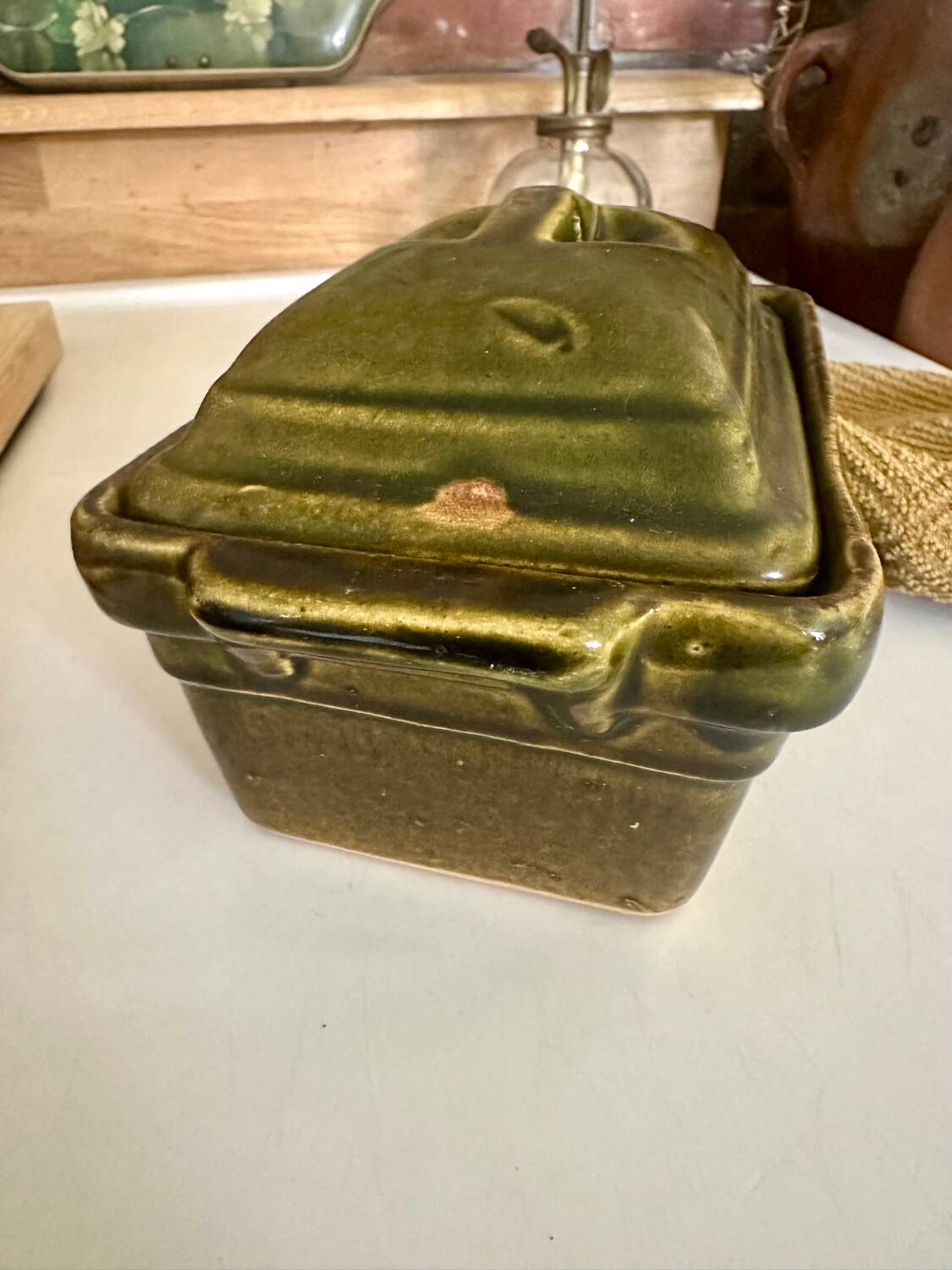 Vintage green majolica butter dish