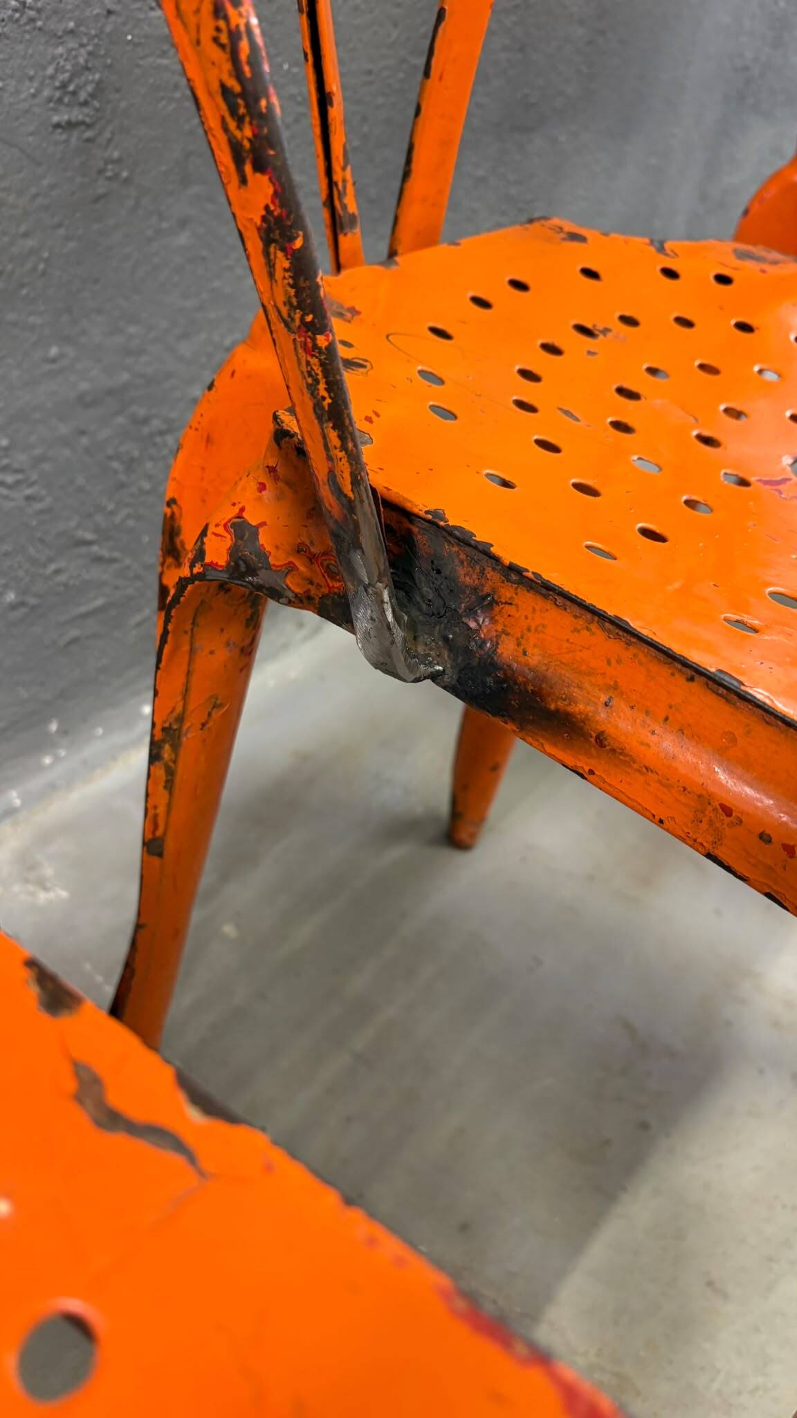 Set of four industrial metal dining chairs by Joseph Mathieu, painted steel, 1920s, France