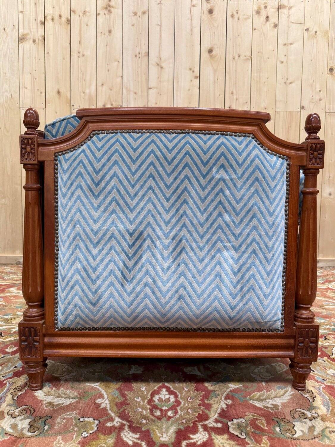 Louis XVI style sofa bed – Mahogany-stained beech & blue velvet