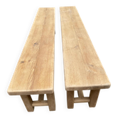 2 stripped farmhouse benches in solid oak, 1970, 175cm.