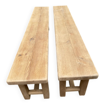 2 stripped farmhouse benches in solid oak, 1970, 175cm.