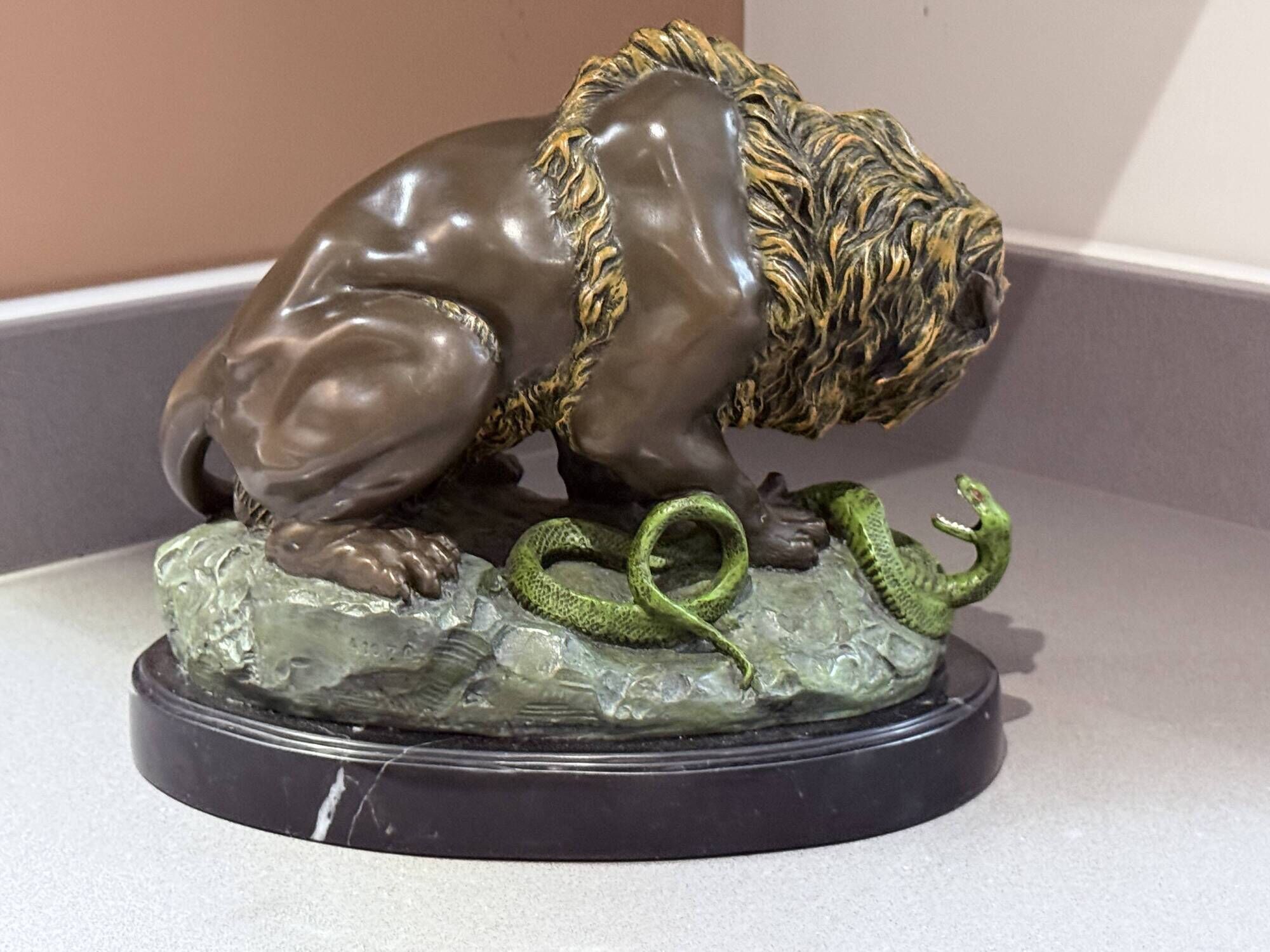 Antique Cold-Painted Bronze Lion Fighting a Snake, After Antoine-Louis Barye