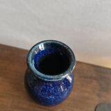 Petit vase en grès émaillé bleu moucheté vintage