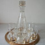 Old glass carafe liquor service with gilding vintage ice mirror tray