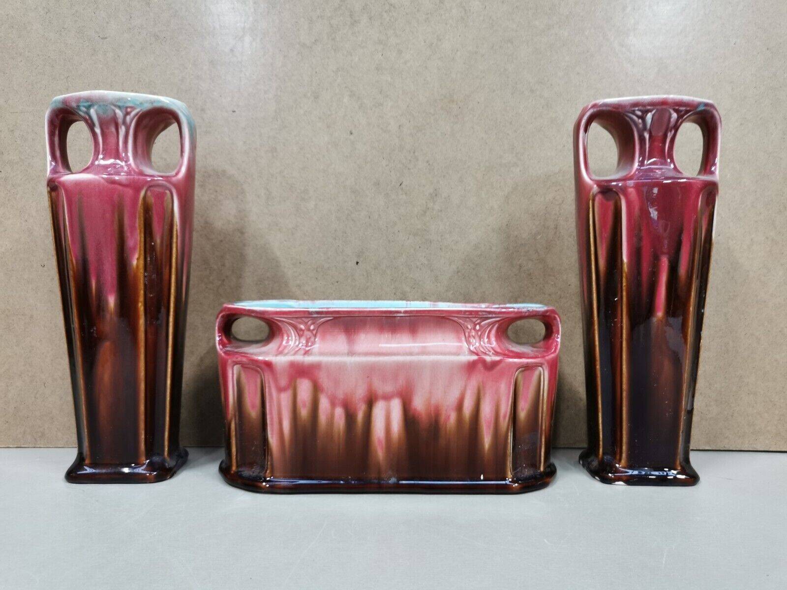 Pair of vases + art nouveau planter orchies slip fireplace trim