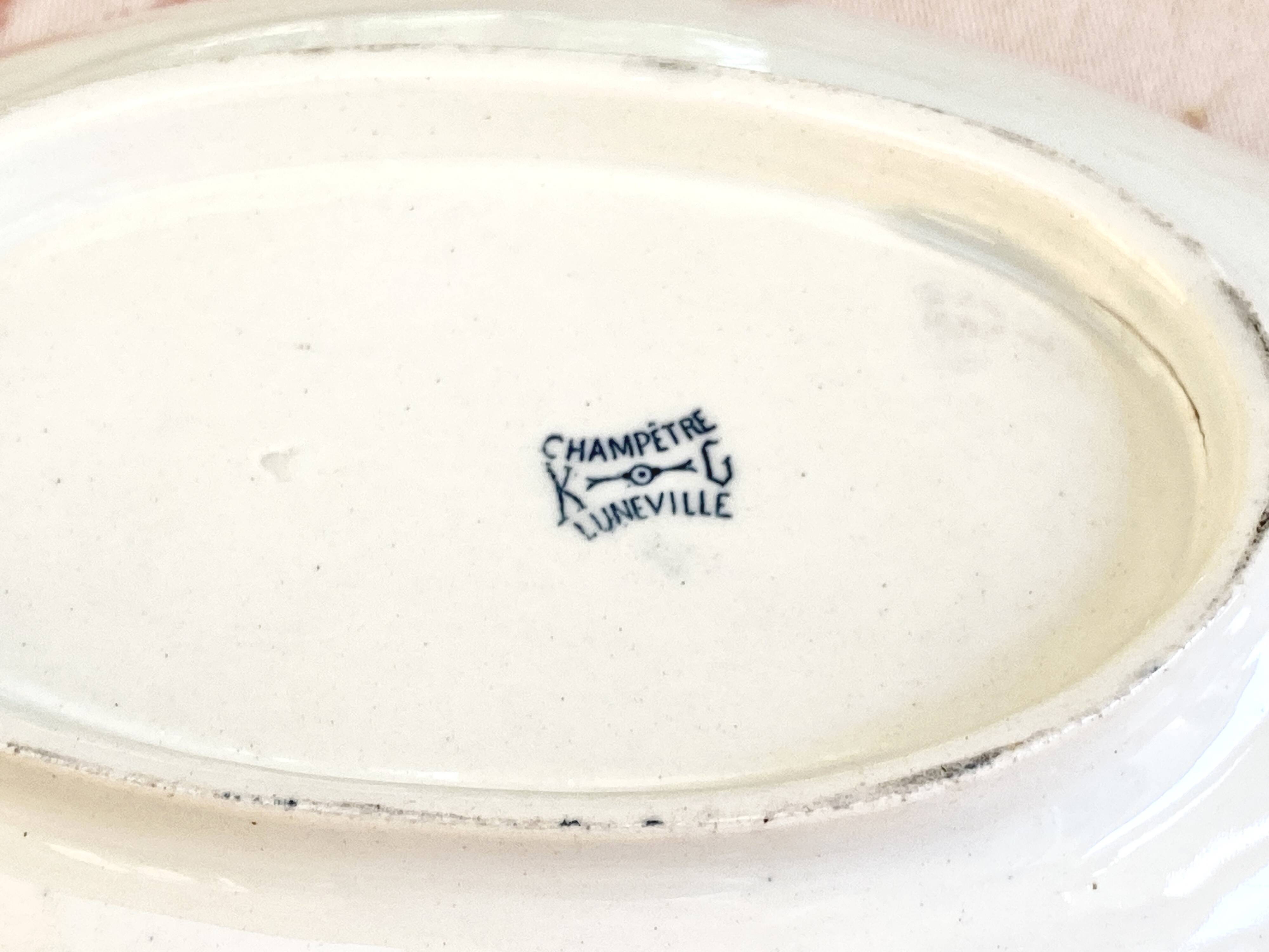 Large K&G Luneville Terre de Fer earthenware dish, Sepia blue country model