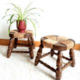 Pair of wood and straw fireplace stools 1950
