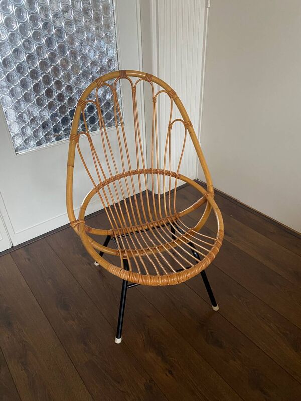 Fauteuil en rotin et acier du milieu du siècle par Rohé Noordwolde, années 1950