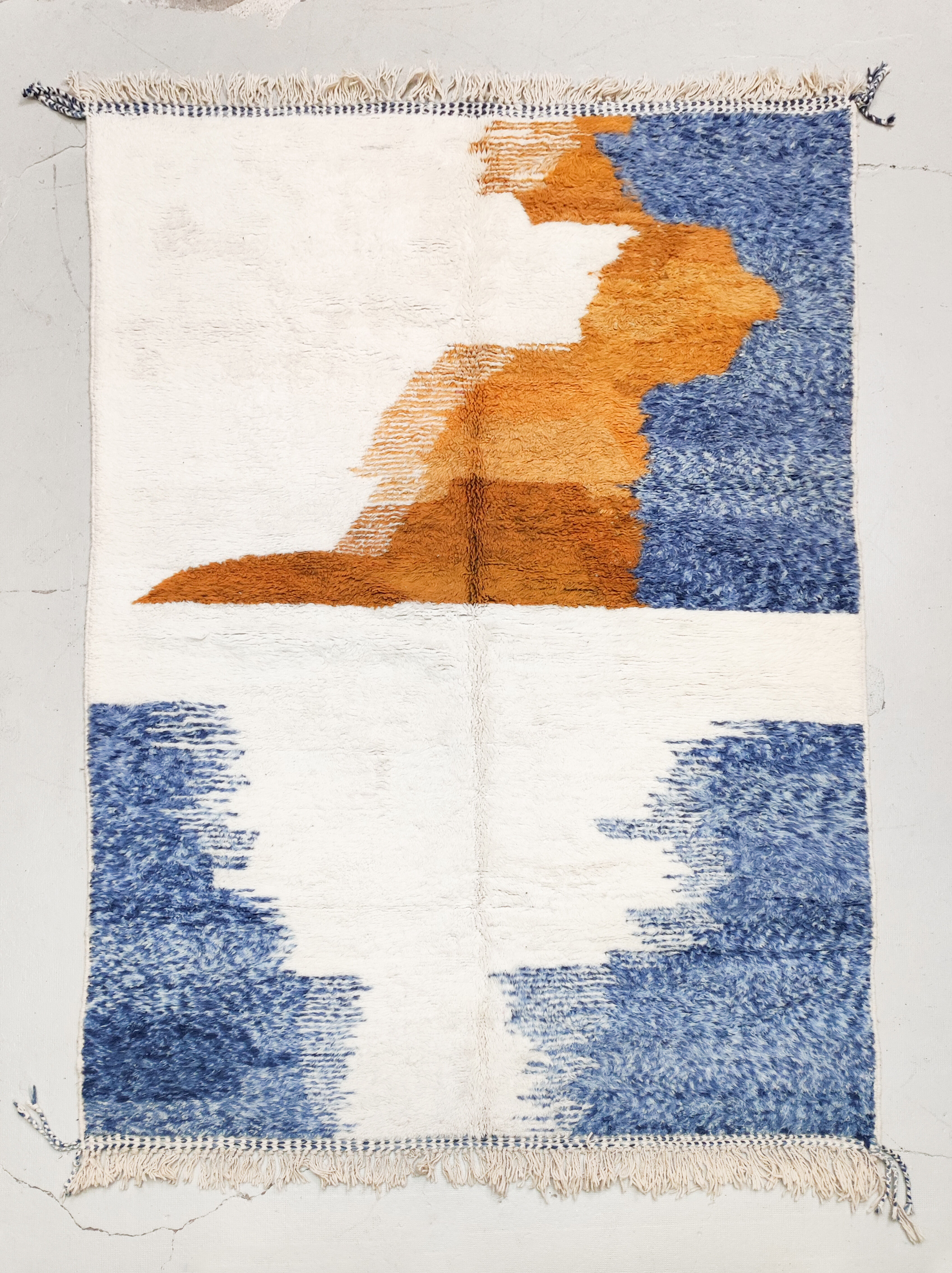 Moroccan Berber rug Boujaad ecru with colorful and mottled patterns 300x212cm