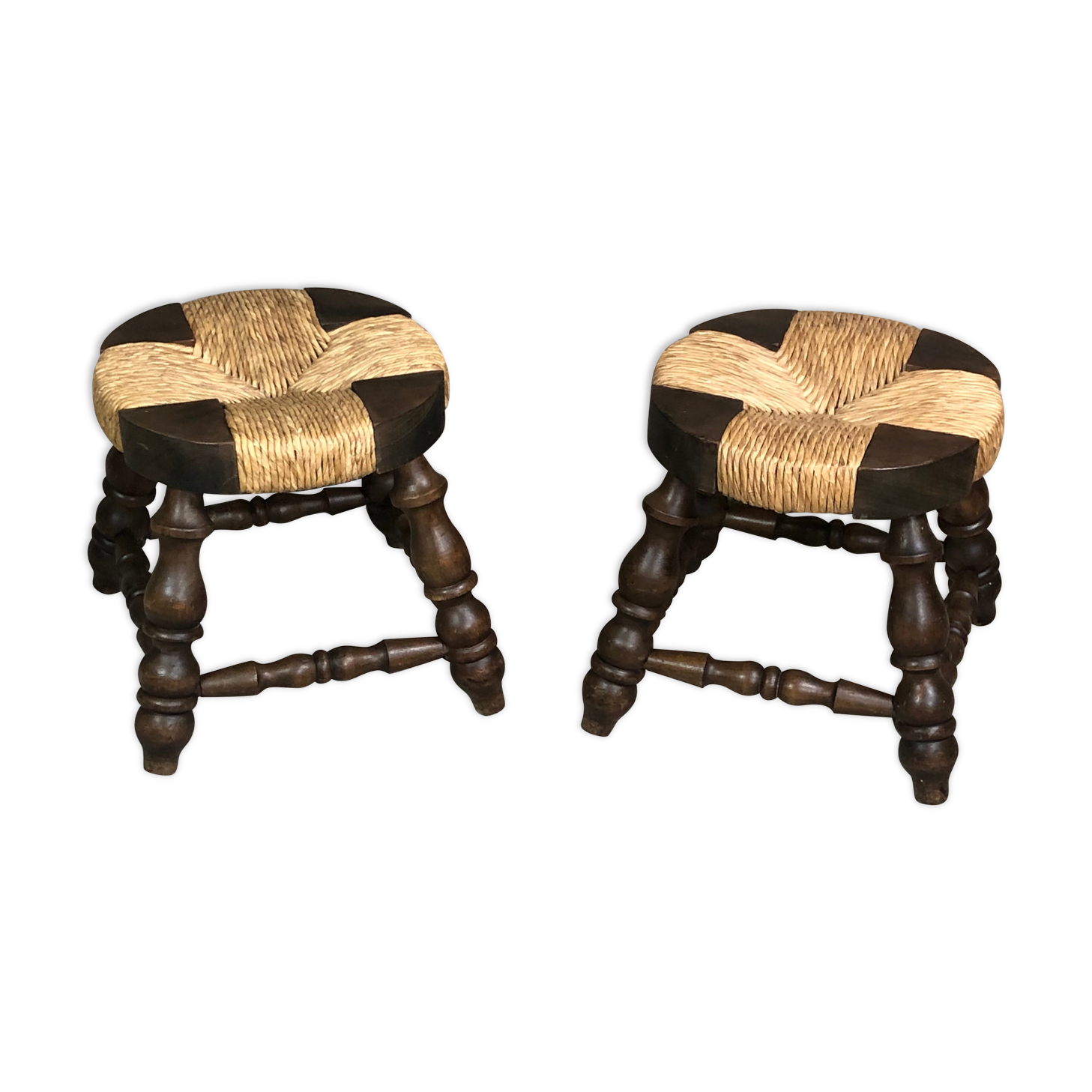 Set of 2 stools in wood and woven straw vintage 1960