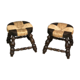 Set of 2 stools in wood and woven straw vintage 1960