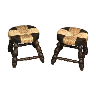 Lot de 2 tabourets vintage en bois et paille