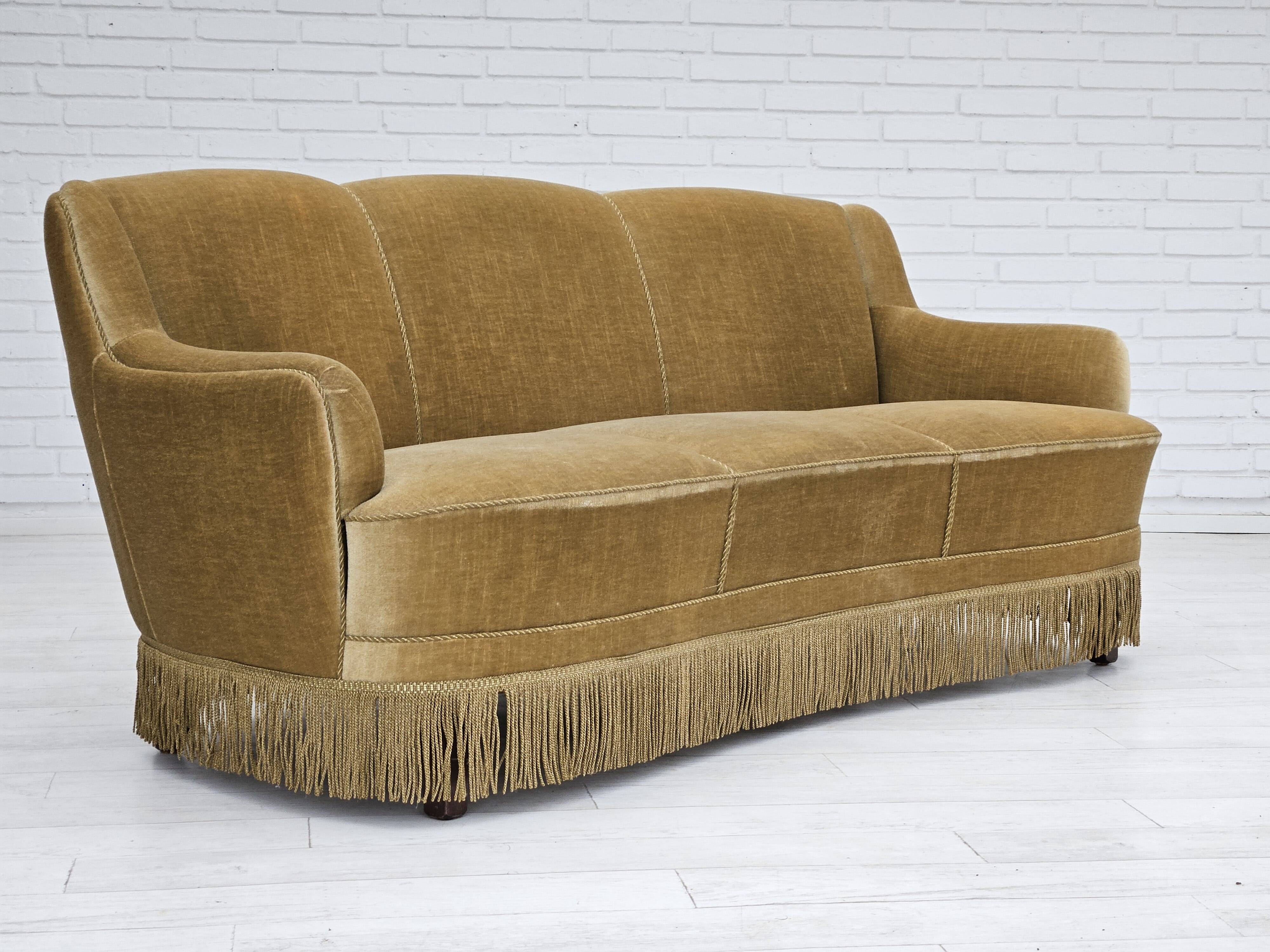 1970s, Danish 3-seater "Banana" sofa, original green velour.