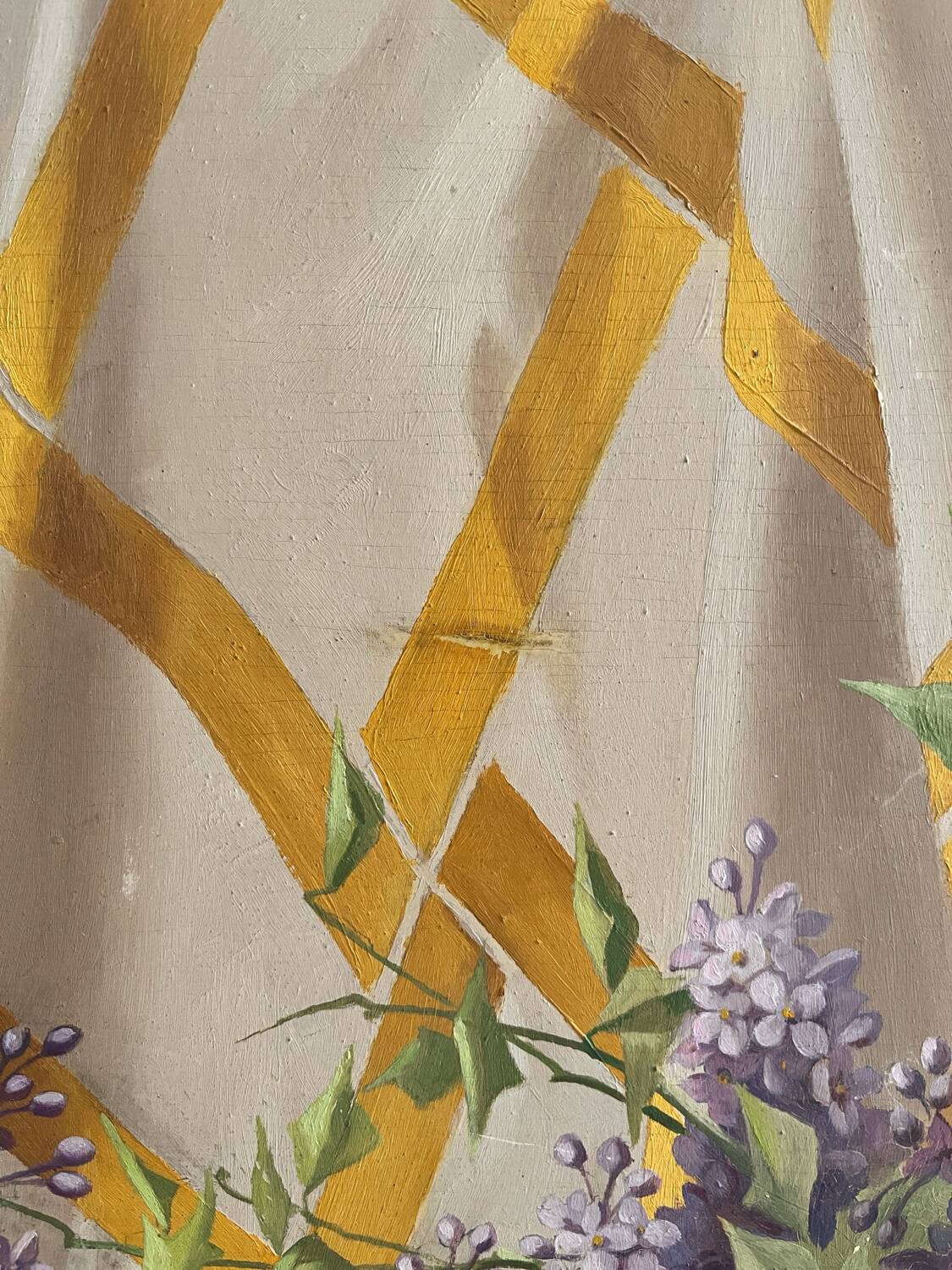 Old painting, oil on wood, lilac flowers on drapery by Sarret.