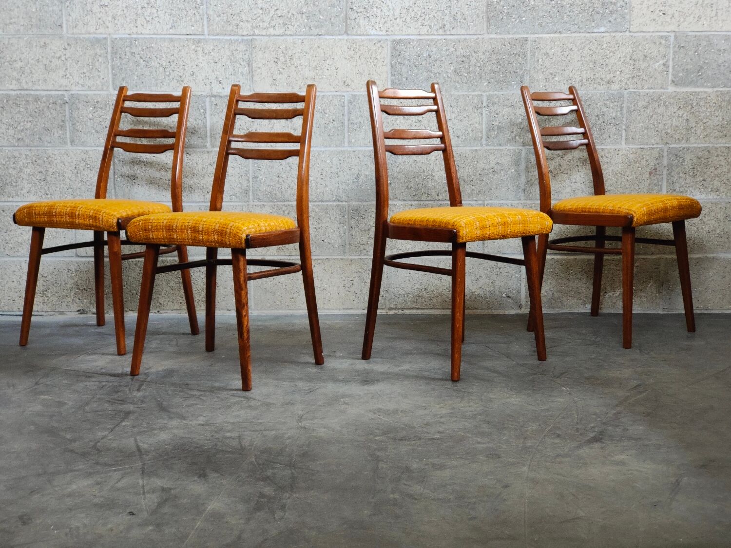 Suite of 4 Czech chairs wood and fabric Yellow "Univerzal" late 60