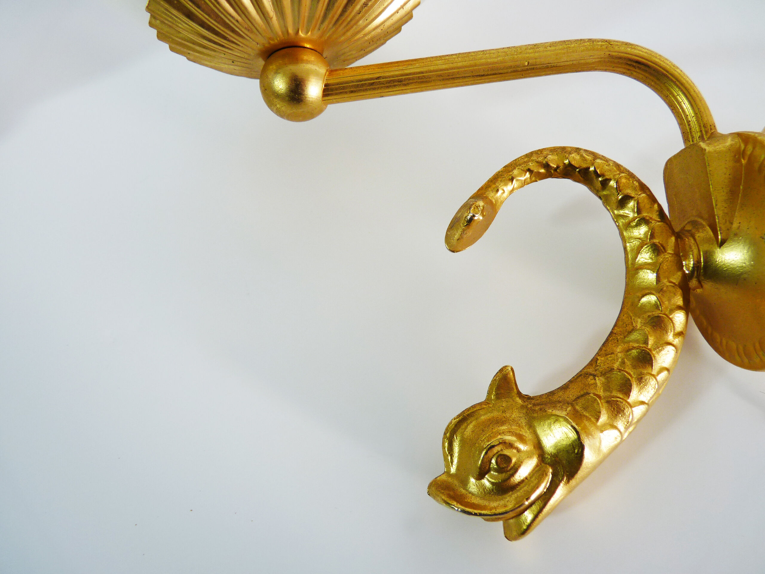 Pair of wall lamps with carp fish, brass and white opaline globe 1960
