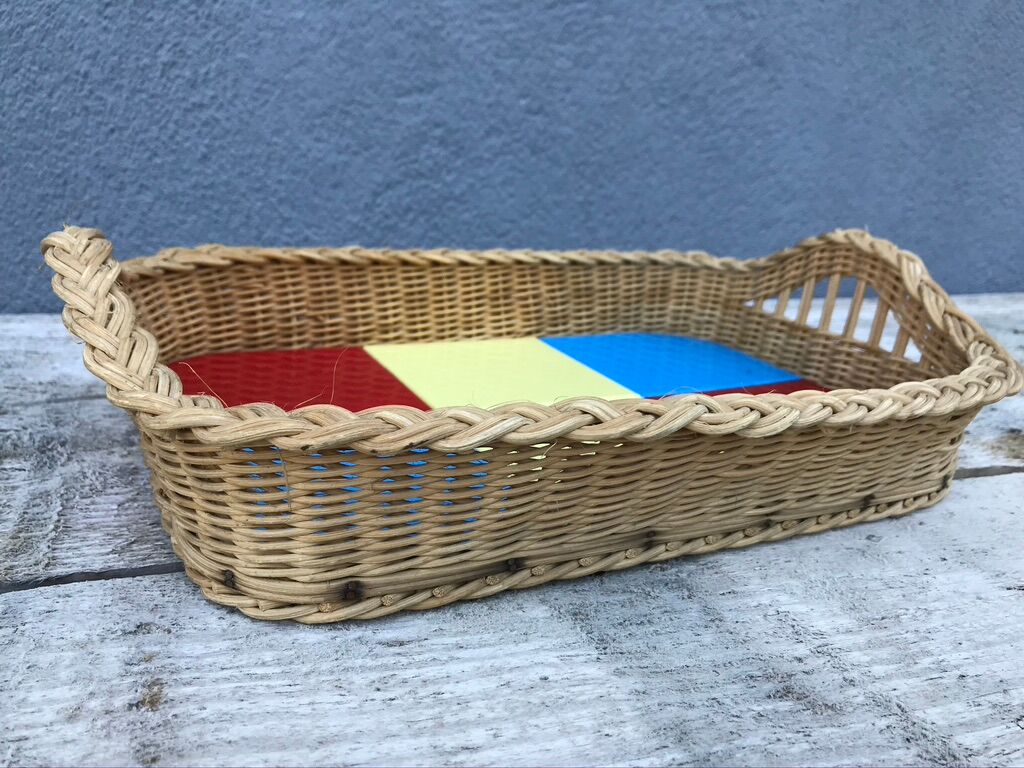 Rattan basket and coloured tiles, vintage 1960/70