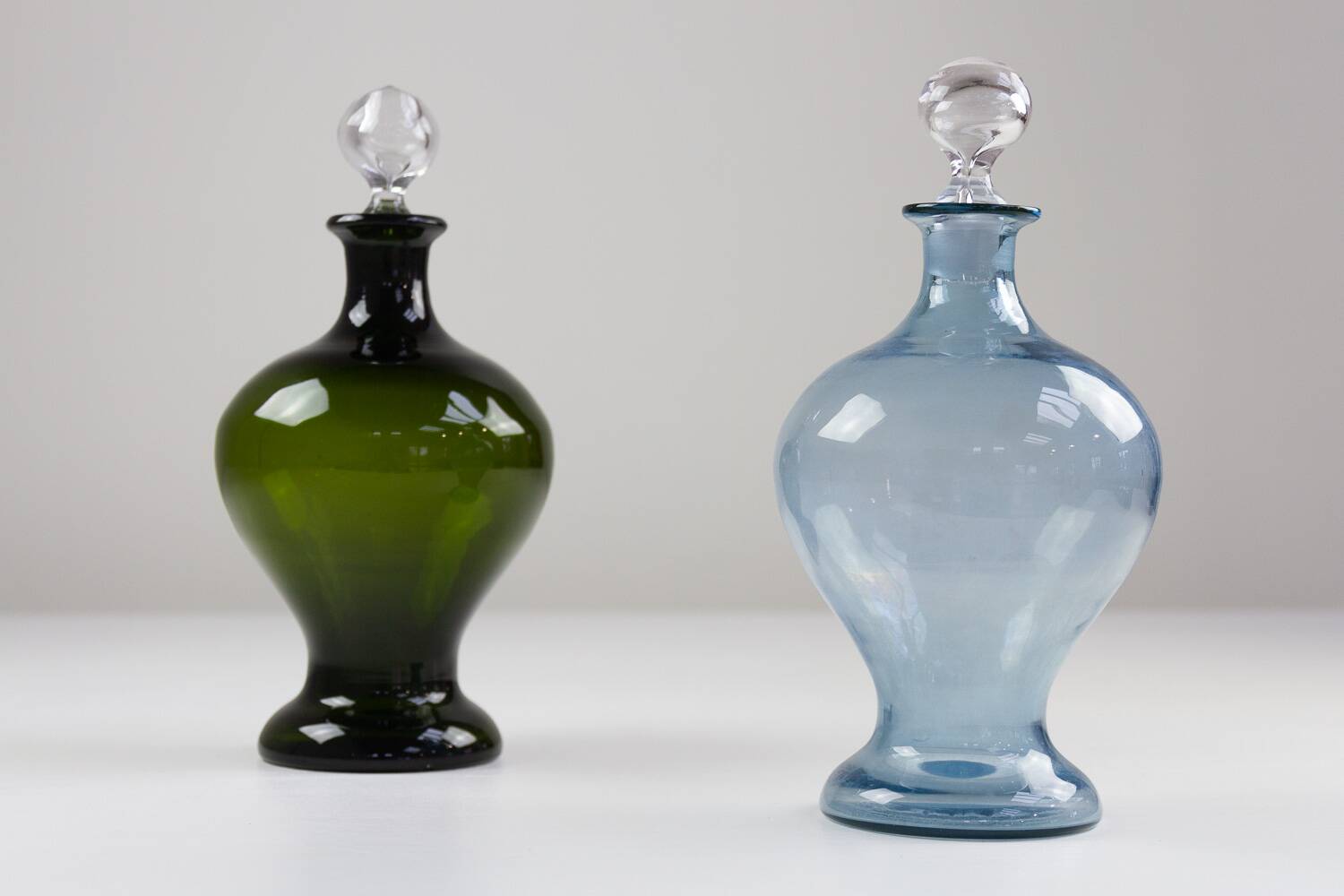Danish Art Deco Blue and Green Glass Decanters, 1930s, Set of 2
