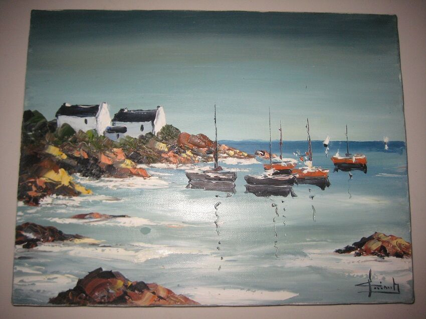 Oil on canvas signed, sailboats in brittany