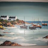 Oil on canvas signed, sailboats in brittany