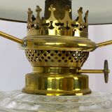 Lampe à pétrole en laiton avec abat-jour en verre opalin blanc et tige en verre orange, années 1860