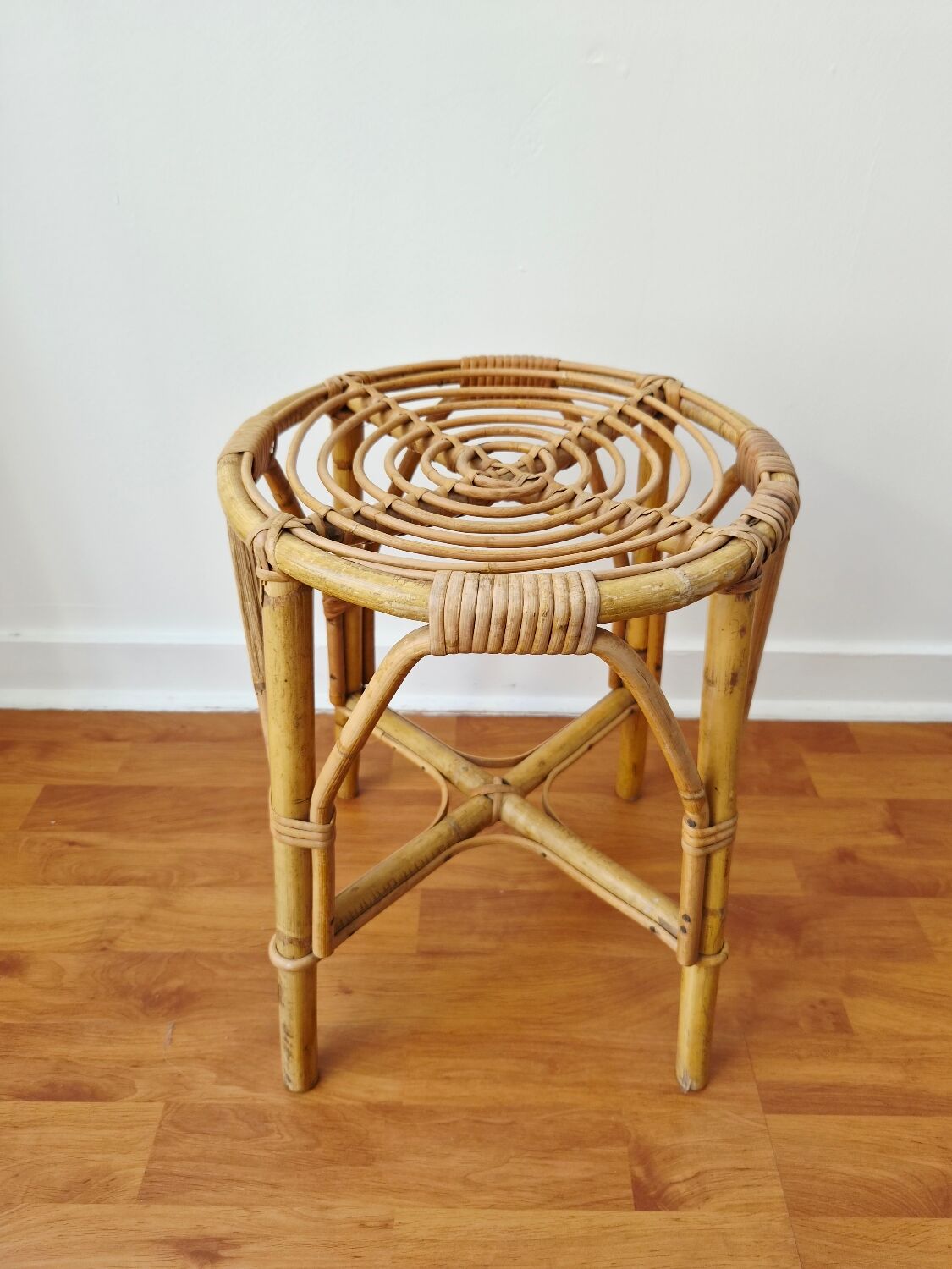Vintage rattan stool in retro bohemian style - 1950s/1960s -