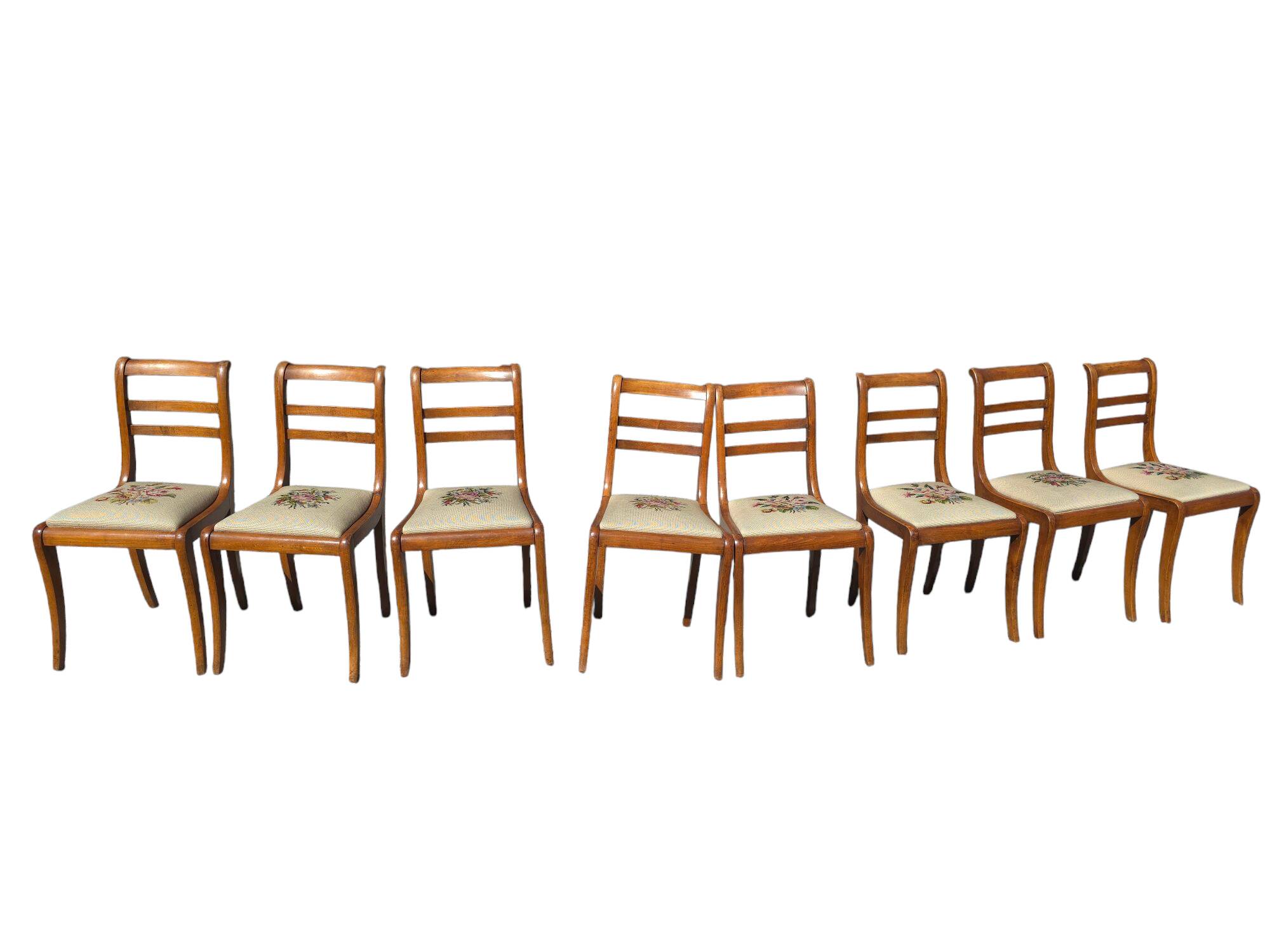 8 cherry wood chairs with embroidered seats