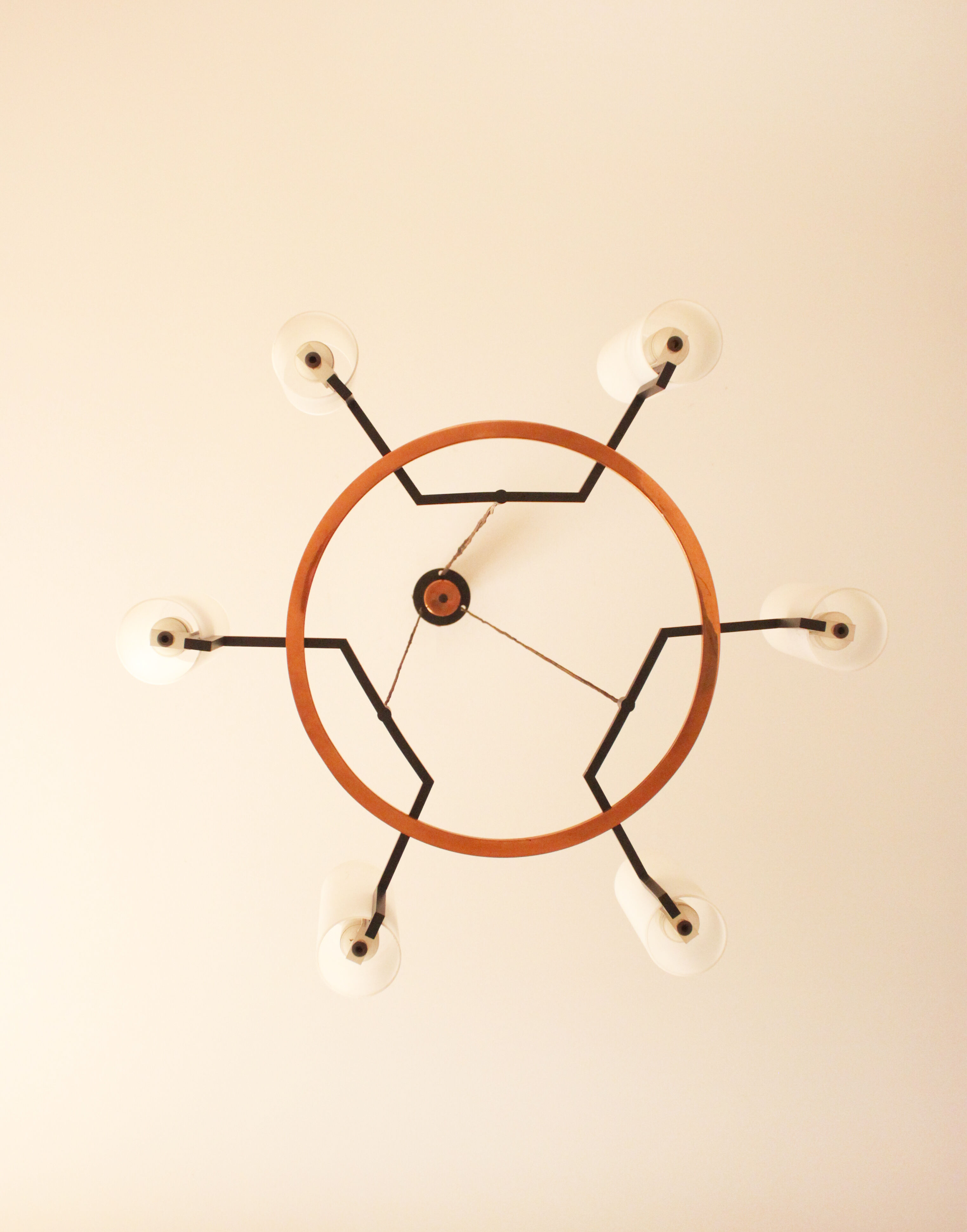 Modernist chandelier of the 60s, copper and opaline, cathedral