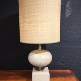Travertine and gold metal lamp by Philippe Barbier with its custom-made lampshade