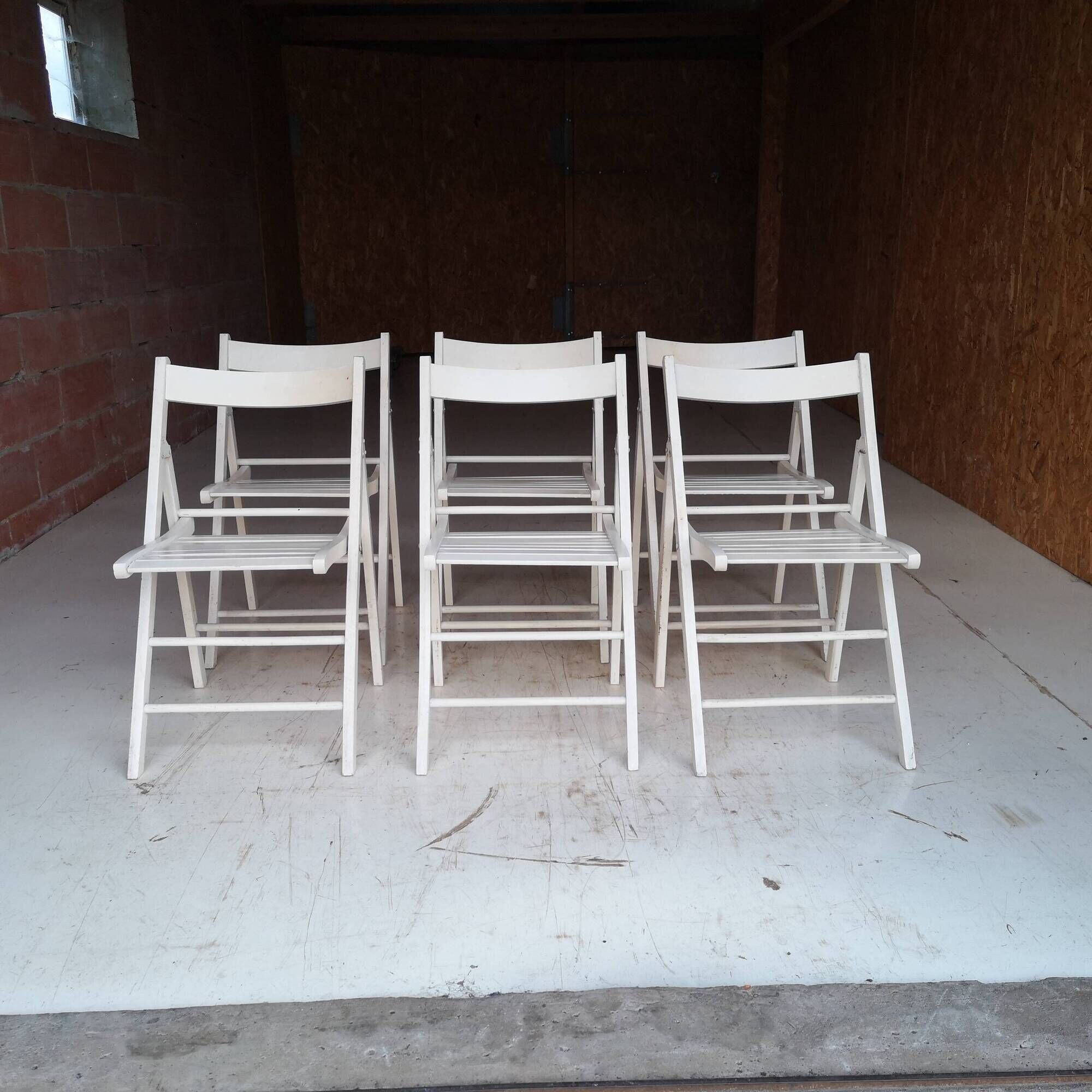 Set of 6 White Wooden Folding Chairs Vintage Scandinavian Style 1980s