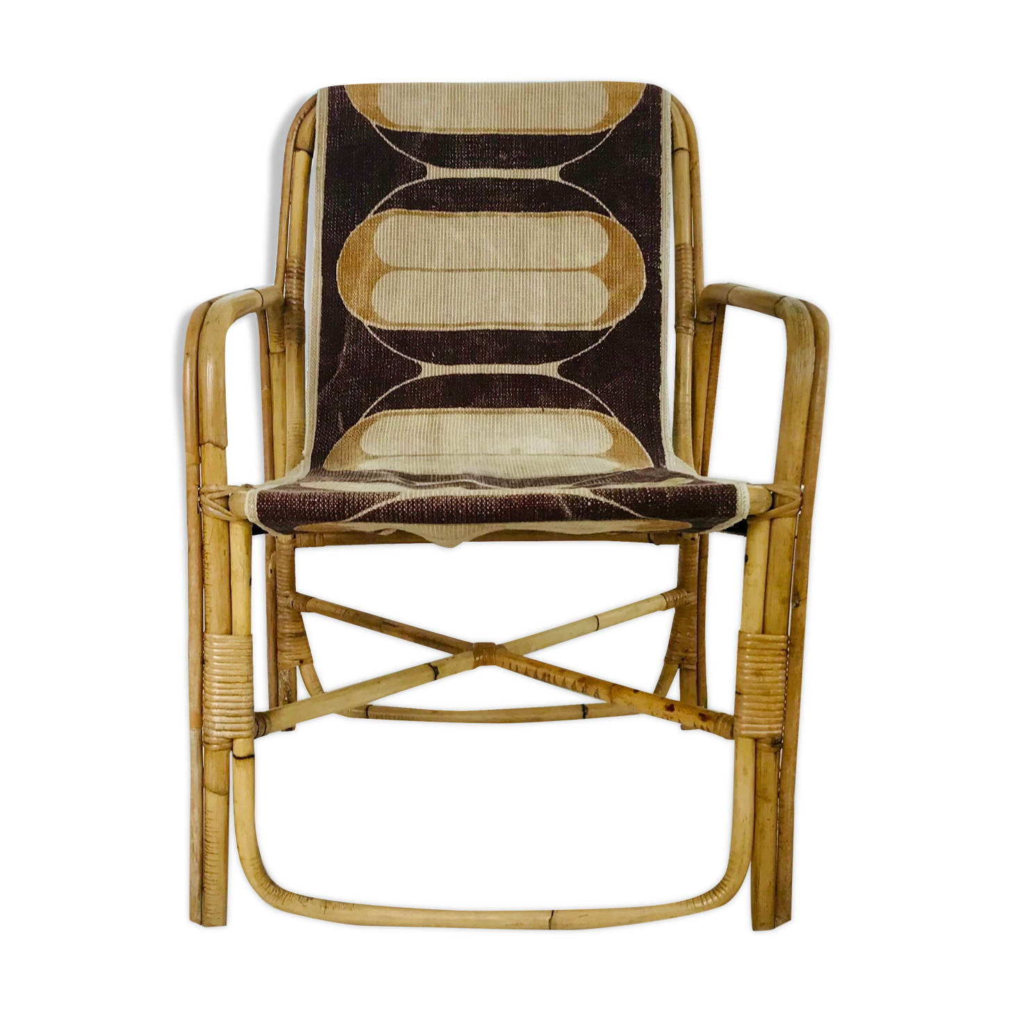Rattan armchair and fabric, France 60s