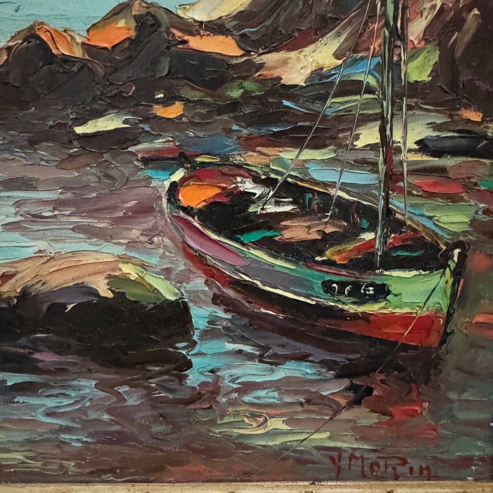 Oil on canvas fishing boats 1950 by Y. Morin