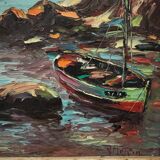 Oil on canvas fishing boats 1950 by Y. Morin