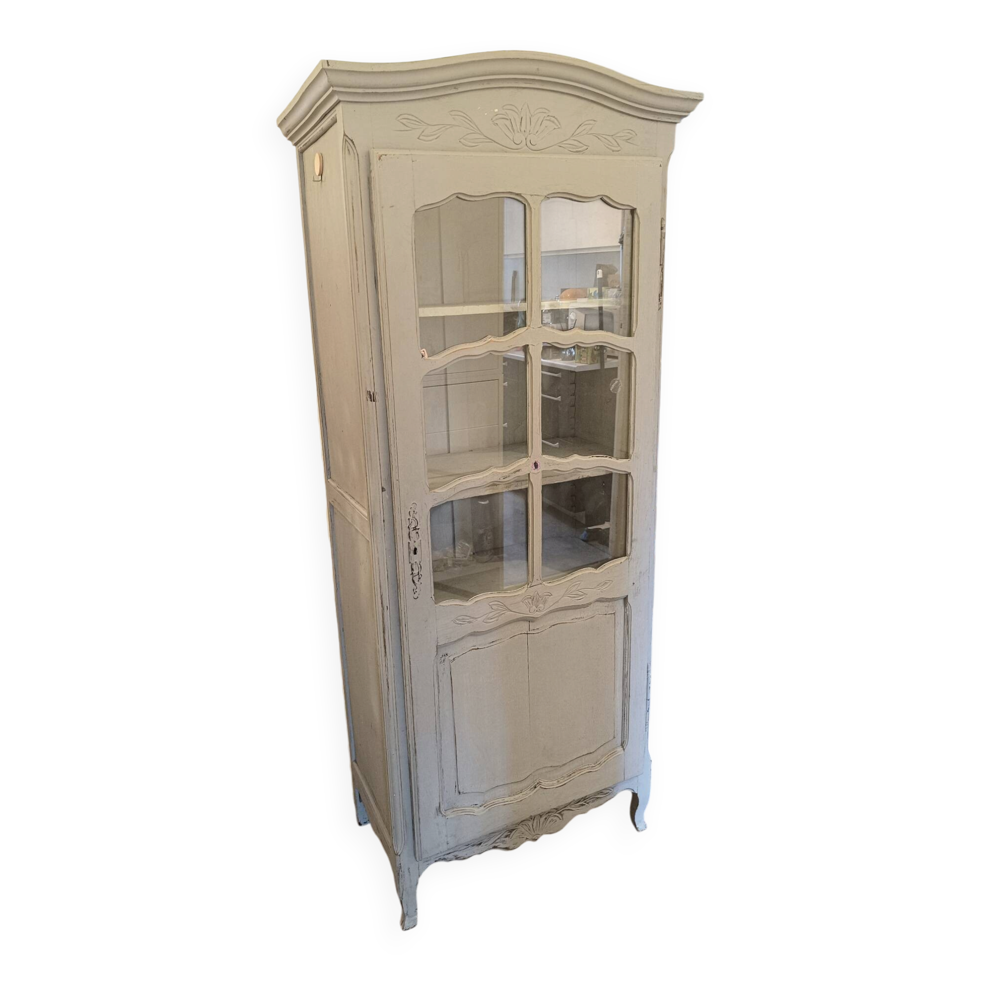 Antique glass-fronted cabinet in pearl grey – country house spirit