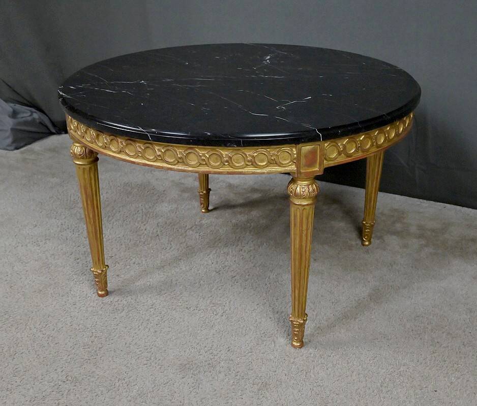 Coffee Table in Marble & Gilded Wood with Gold Leaf, Louis XVI Style – Mid 20th Century