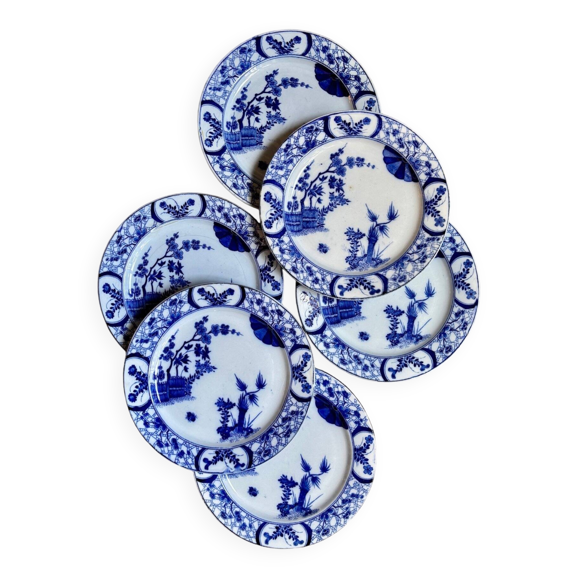 6 Creil and Montereau flat plates in blue earthenware, "Japan" service circa 1895