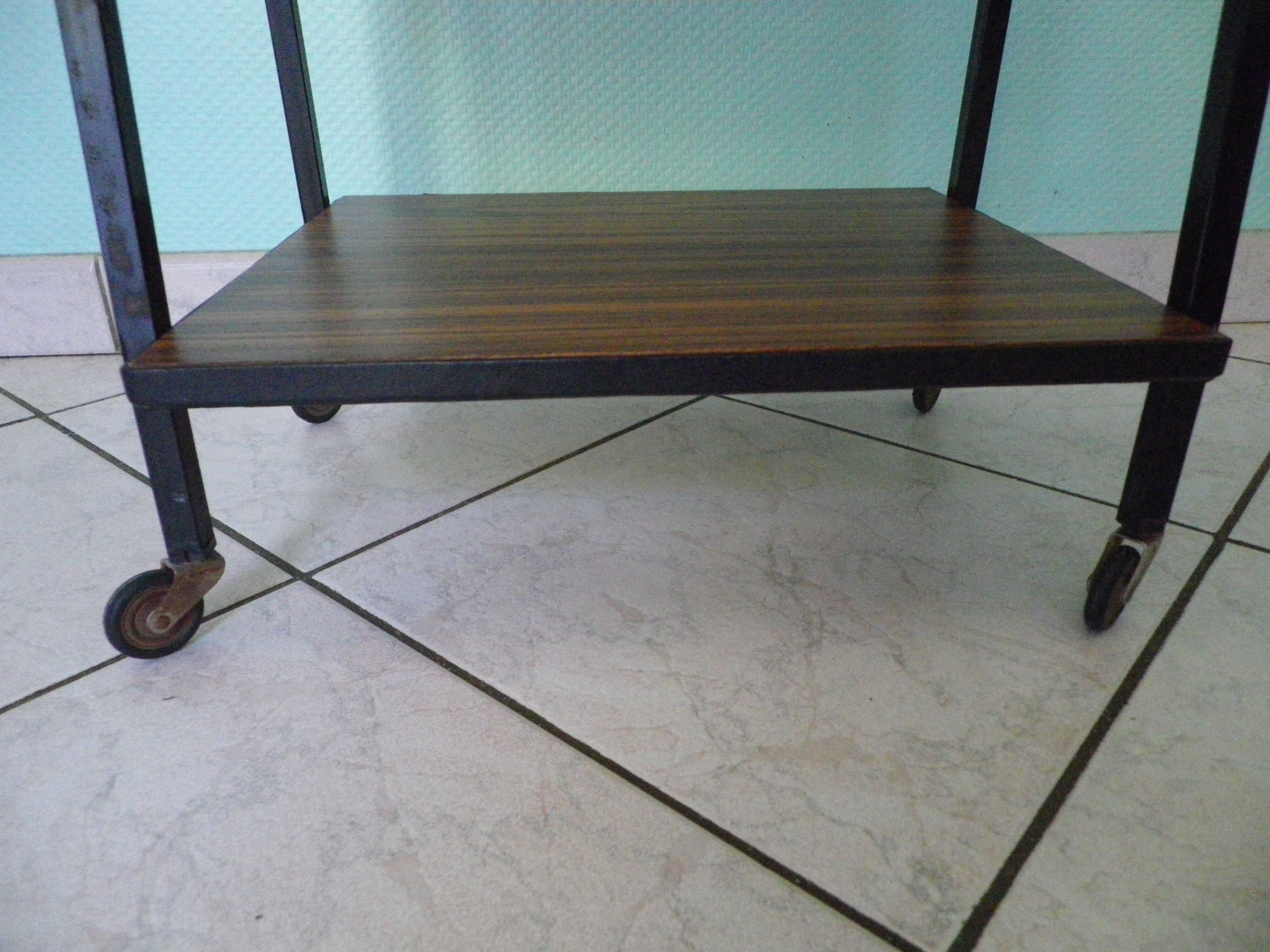 Vintage worker on wheels, rattan, fabric, skaÏ, metal with formica shelf