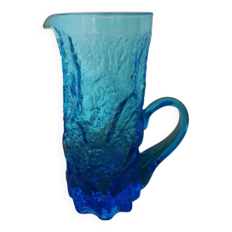 Blue Glass Pitcher with Bark Effect and Bumpy Texture, Geoffrey Baxter or Ingrid Glasshütte, 1960s-70s